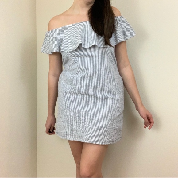 Eliza J Blue Stripe Seersucker off Shoulder dress - Picture 2 of 8